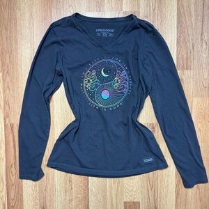 Life Is Good Black Long-Sleeve V-Neck Top with Multicolor Celestial Graphic